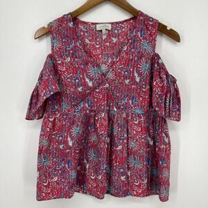 Lucky Brand Blouse Women's Size XS Red Blue‎ Striped Floral Print V Neck